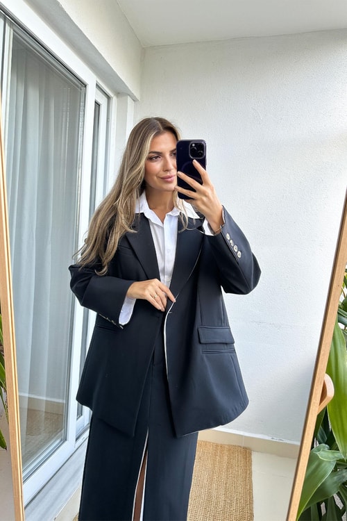 Premium Garnili Oversize Blazer Ceket - Taş