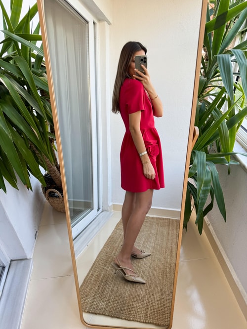 Premium Gül Detaylı Krep Elbise- Kırmızı
