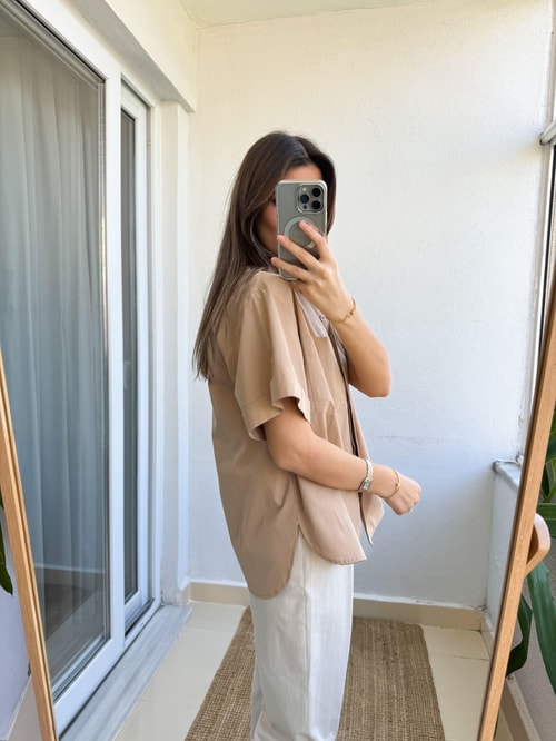 Premium Kısa Kollu Pamuklu Gömlek-Camel