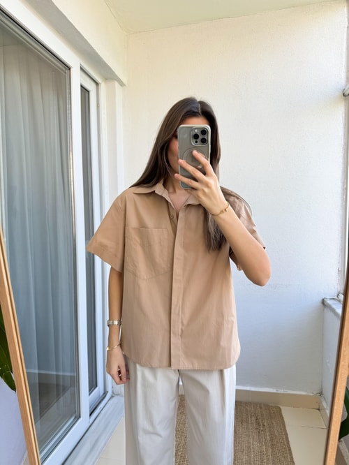 Premium Kısa Kollu Pamuklu Gömlek-Camel