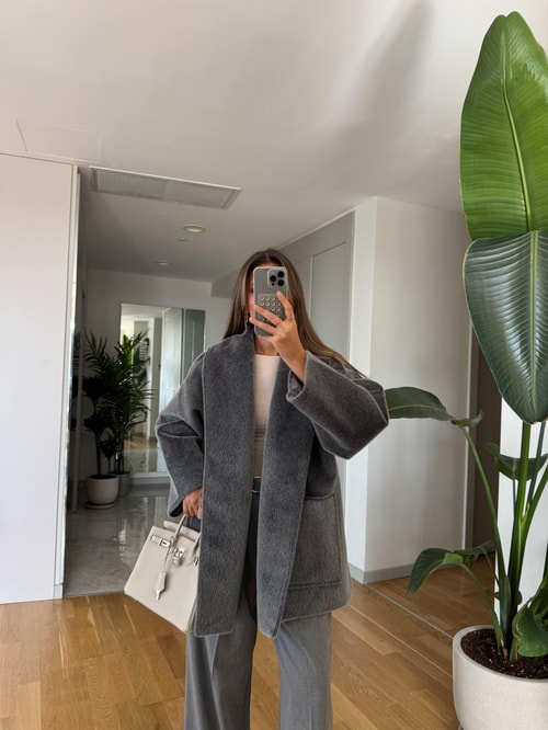 Premium Kuşaklı Cepli Kaban - Gri