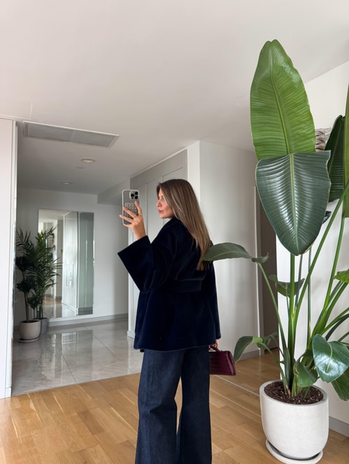 Premium Kuşaklı Cepli Kaban - Lacivert