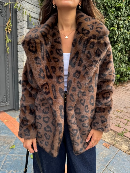Premium Leopar Desenli Suni Kürk