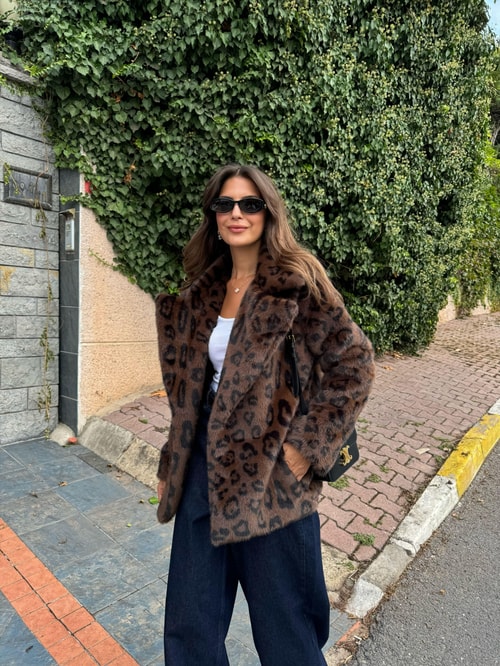 Premium Leopar Desenli Suni Kürk
