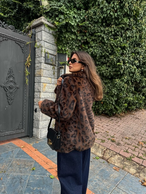 Premium Leopar Desenli Suni Kürk