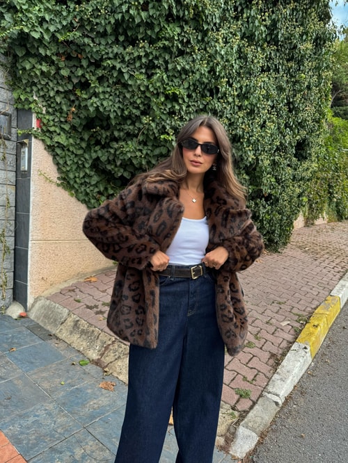Premium Leopar Desenli Suni Kürk