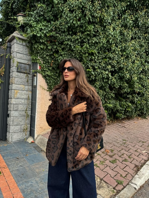 Premium Leopar Desenli Suni Kürk