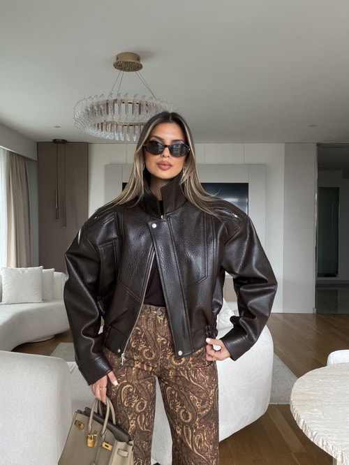 Premium Oversize Deri Ceket - Kahve