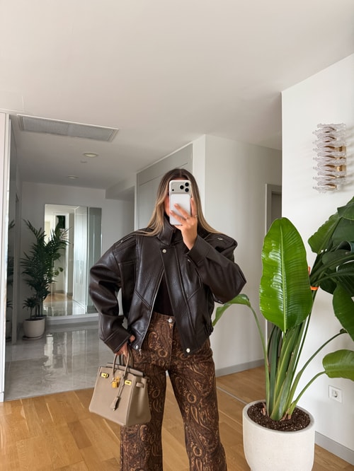 Premium Oversize Deri Ceket - Kahve