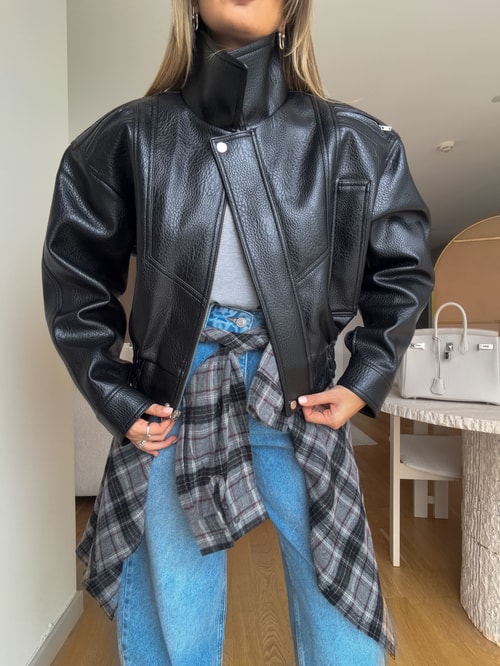 Premium Oversize Deri Ceket - Siyah