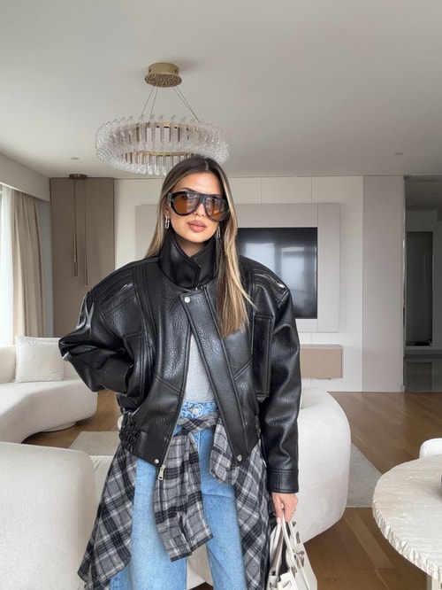 Premium Oversize Deri Ceket - Siyah