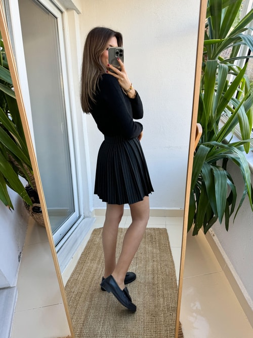 Premium Pileli Çizgili Etek Siyah