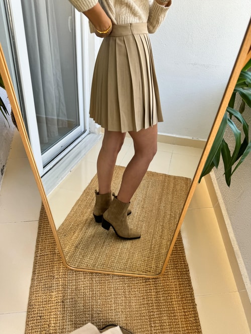 Premium Pileli Mini Etek-Bej