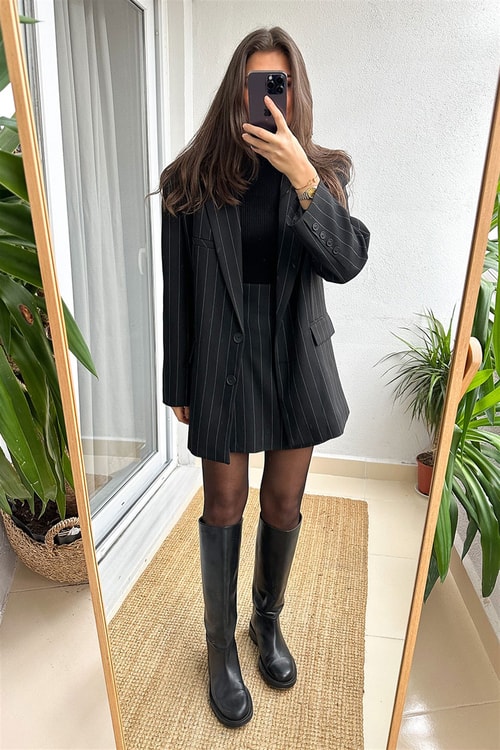 Premium Siyah Çizgili Blazer Ceket