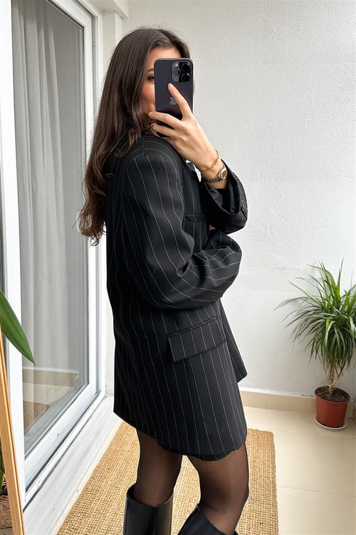 Premium Siyah Çizgili Blazer Ceket