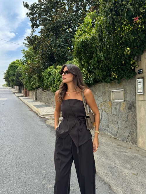 Premium Tasarım Bluz Pantolon Takım Kahve