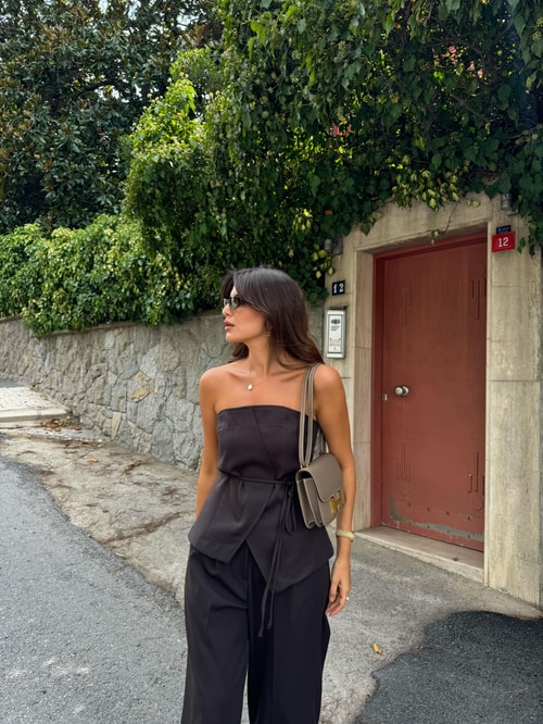 Premium Tasarım Bluz Pantolon Takım Kahve