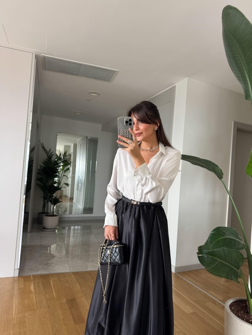 Premium Vatkalı Saten Gömlek- Ekru