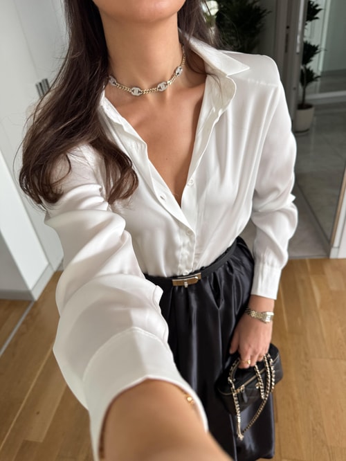 Premium Vatkalı Saten Gömlek- Ekru