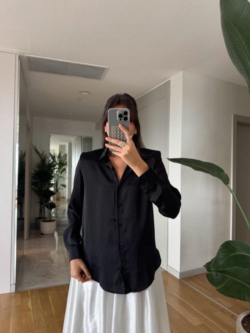 Premium Vatkalı Saten Gömlek- Siyah