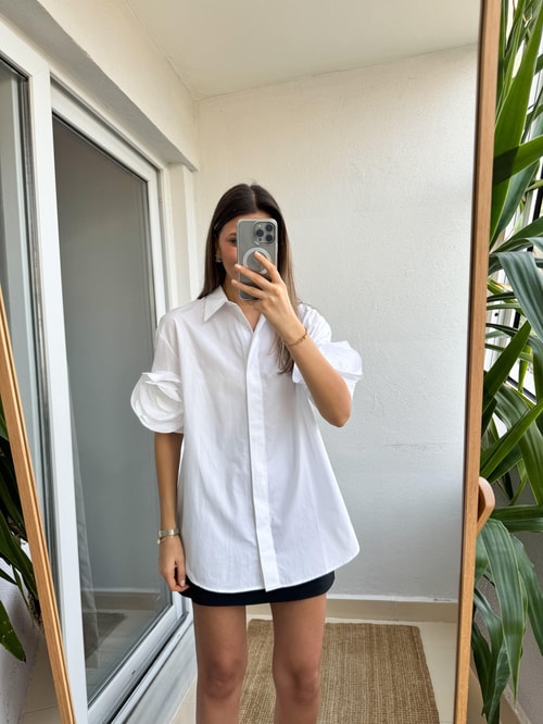 Premium Yarım Kol Güllü Gömlek- Beyaz