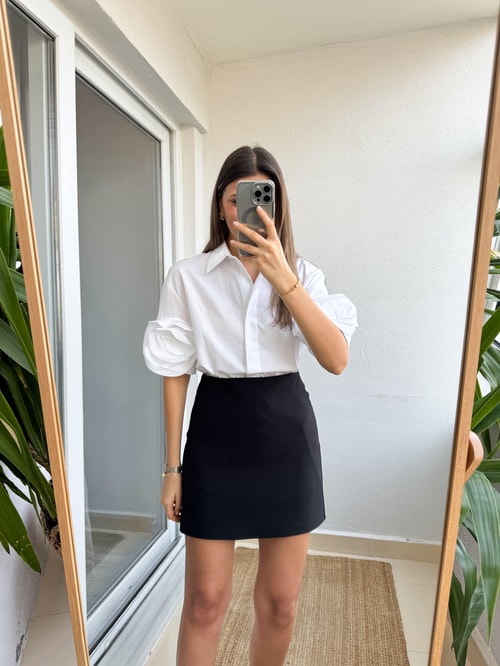 Premium Yarım Kol Güllü Gömlek- Beyaz