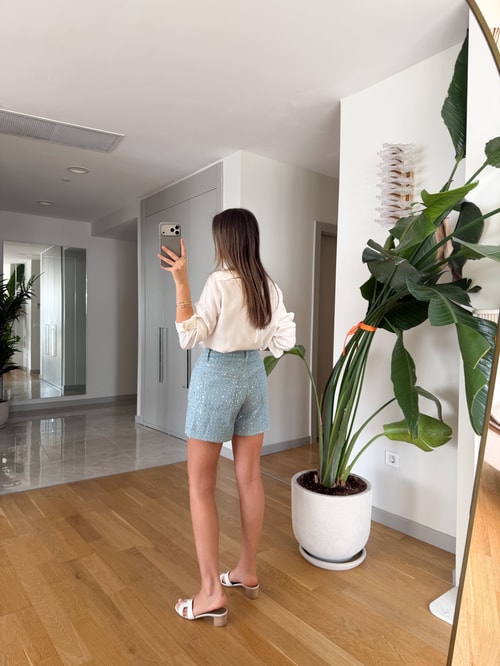 Pullu Denim Şort - Açık Mavi