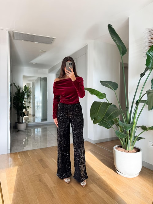 Pullu İspanyol Pantolon-Siyah