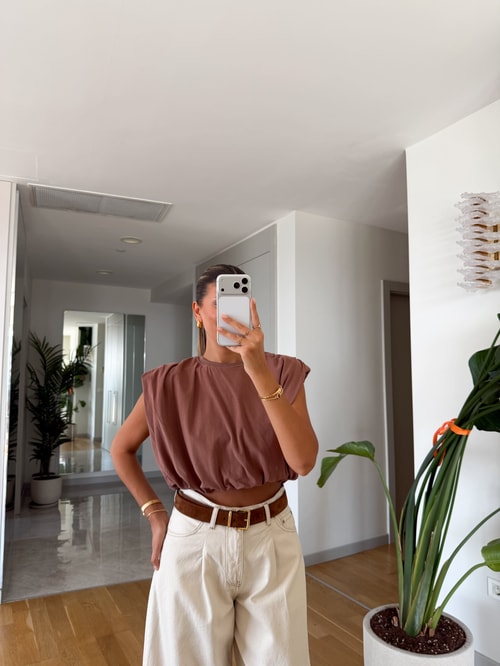 Qs Kolsuz Vatkalı Tişört - Kahve