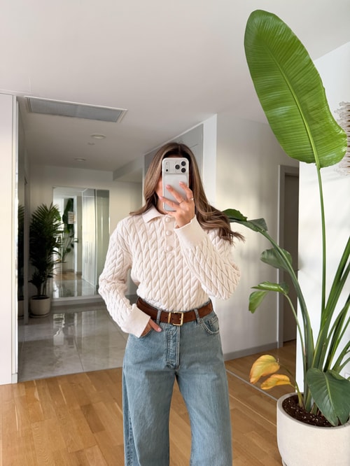 Qs Polo Yaka Saç Örgülü Kazak - Ekru 