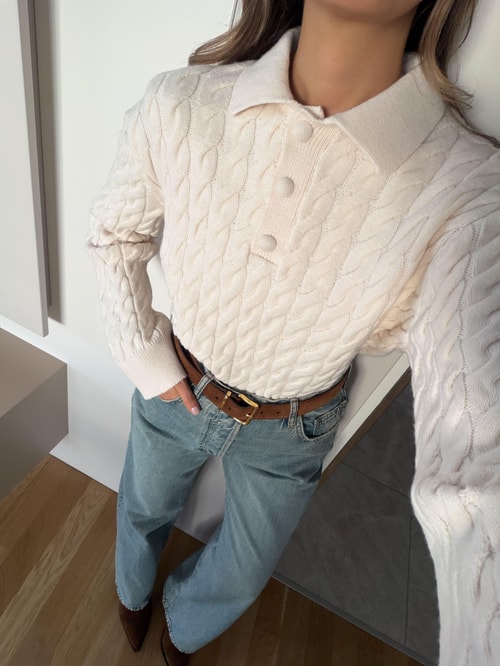 Qs Polo Yaka Saç Örgülü Kazak - Ekru 