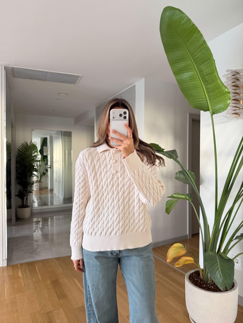 Qs Polo Yaka Saç Örgülü Kazak - Ekru 