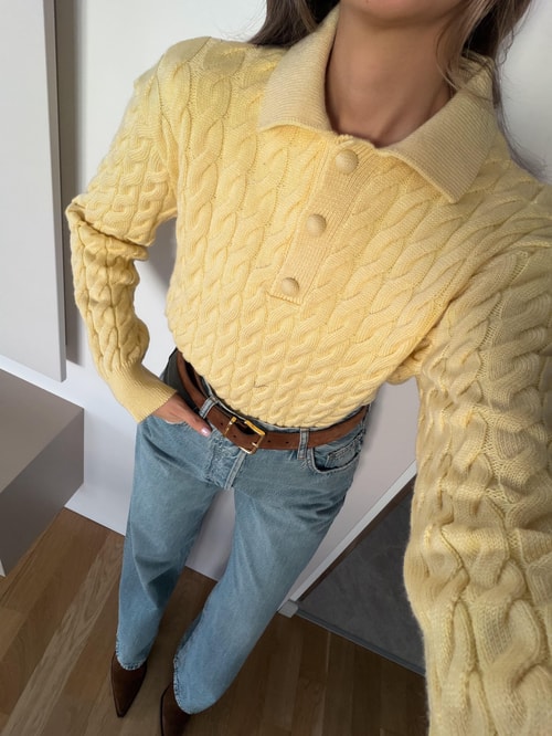 Qs Polo Yaka Saç Örgülü Kazak - Sarı 