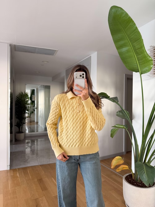 Qs Polo Yaka Saç Örgülü Kazak - Sarı 