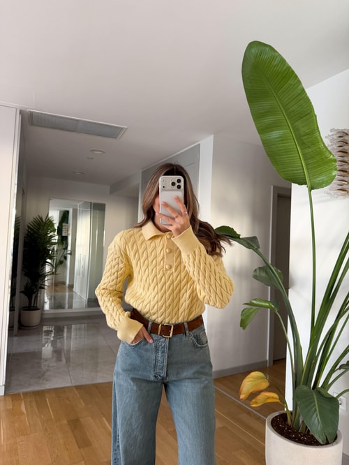 Qs Polo Yaka Saç Örgülü Kazak - Sarı 