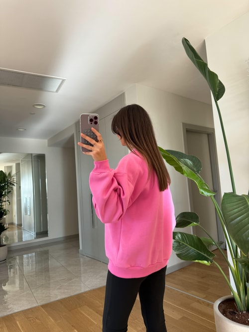 Qu Bisiklet Yaka Şardonlu Sweat-Pembe