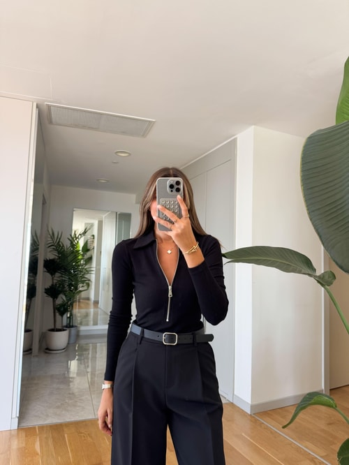 Qu Fermuarlı Polo Yaka Body - Siyah