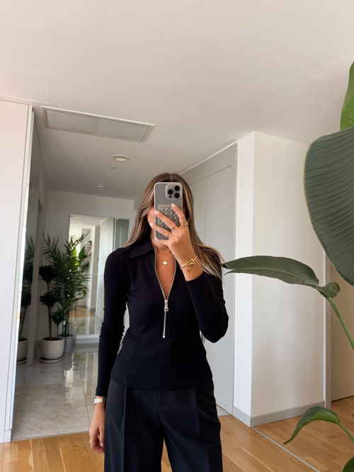 Qu Fermuarlı Polo Yaka Body - Siyah