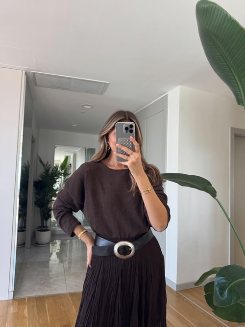 Qu Kırışık Kumaş Şifon Etek - Kahve