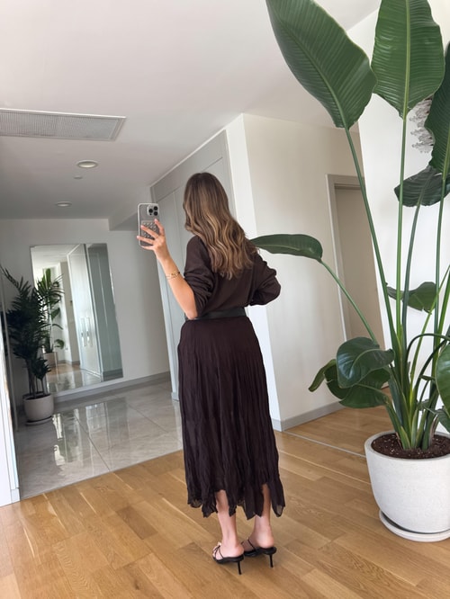 Qu Kırışık Kumaş Şifon Etek - Kahve