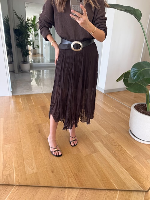 Qu Kırışık Kumaş Şifon Etek - Kahve