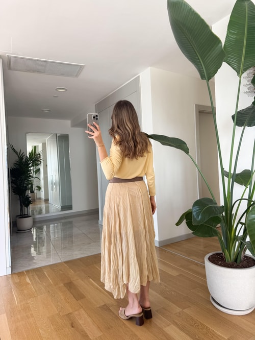 Qu Kırışık Kumaş Şifon Etek - Soft Sarı