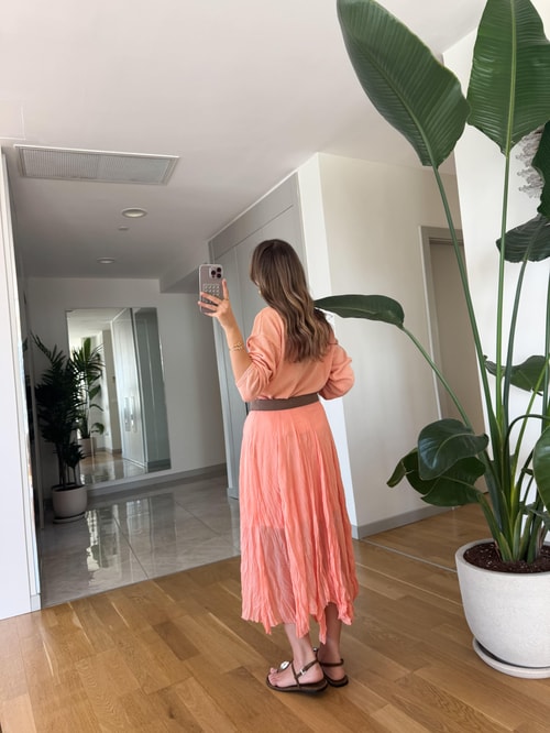 Qu Kırışık Kumaş Şifon Etek - Somon