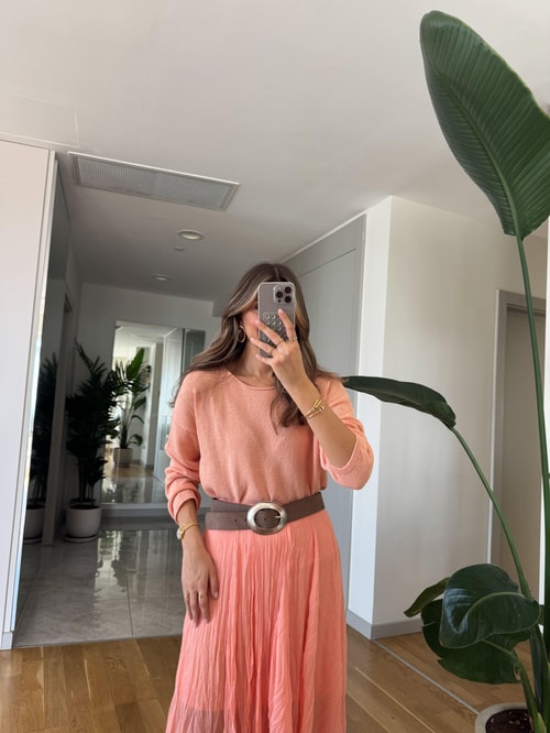 Qu Kırışık Kumaş Şifon Etek - Somon