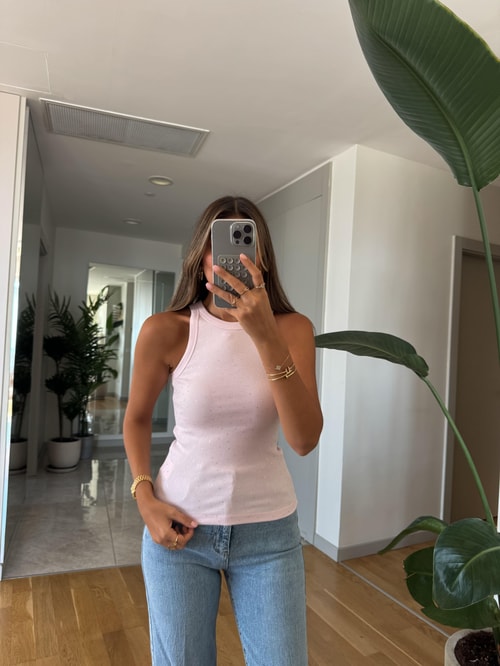 Qu Taşlı Halter Yaka Atlet -Toz Pembe