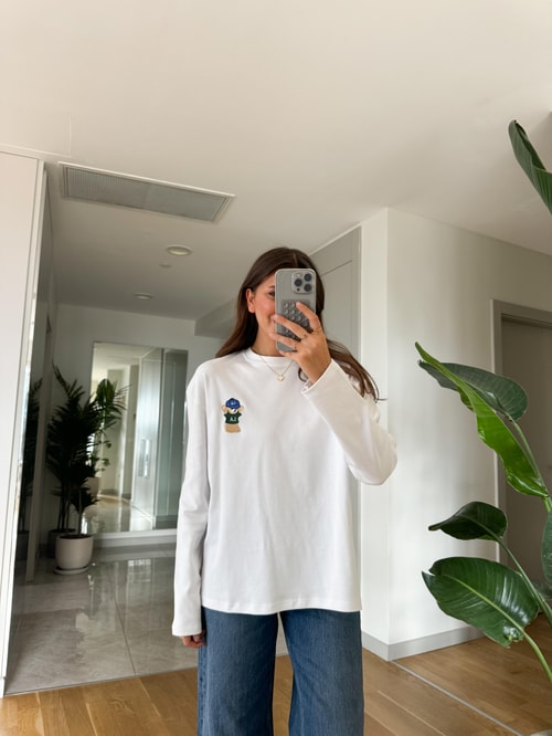 Qu Teddy Nakışlı Basic Bluz-Beyaz