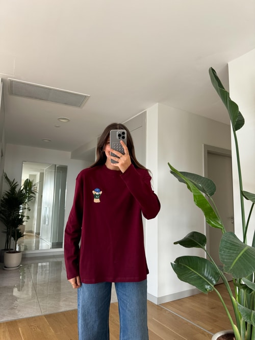 Qu Teddy Nakışlı Basic Bluz-Bordo