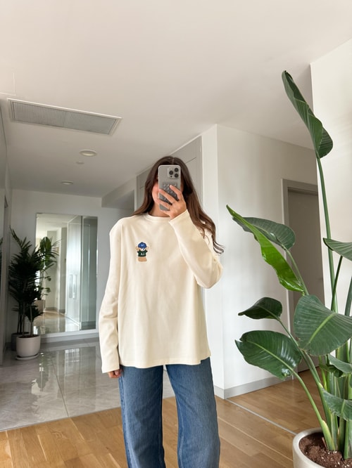 Qu Teddy Nakışlı Basic Bluz-Ekru