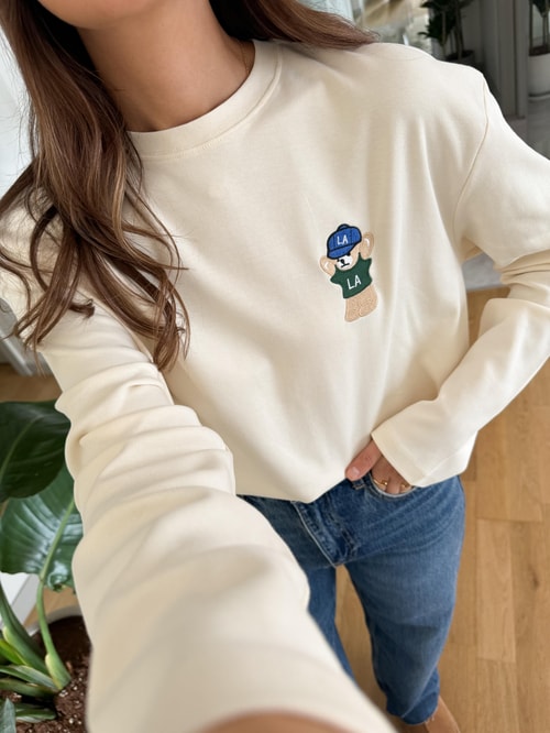 Qu Teddy Nakışlı Basic Bluz-Ekru