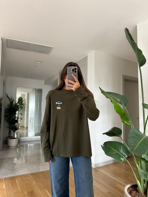 Qu Teddy Nakışlı Basic Bluz-Haki